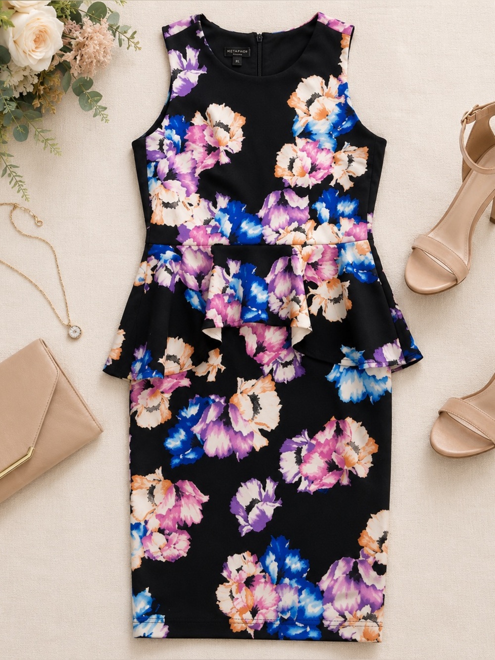 Metaphor Floral Peplum Sheath Dress XL Autumn Wedding Guest